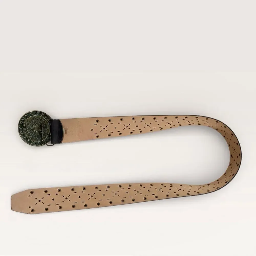 Sonoma Brown Wide Leather Belt Western Style Studded Brass & Cutout Detail